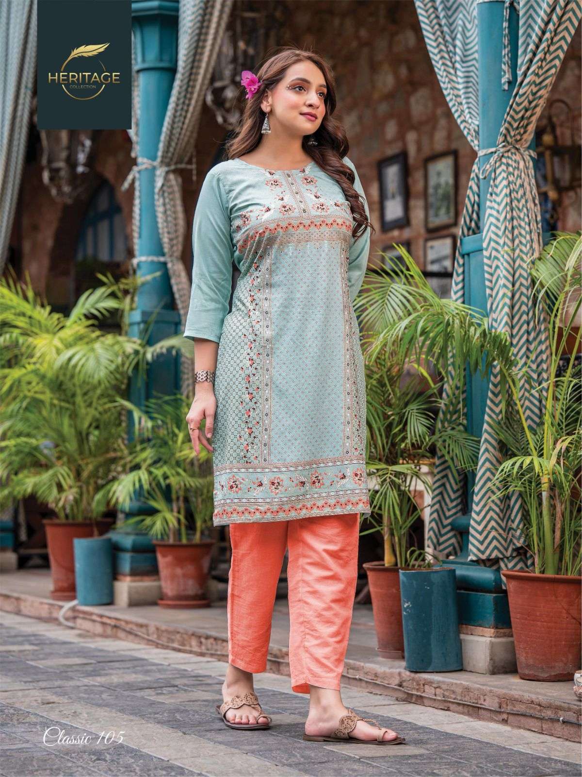 CLASSIC BY RAYON SLUB PRINT WITH HANDWORK DESIGNER KURTI BY HERITAGE COLLECTION BRAND 107